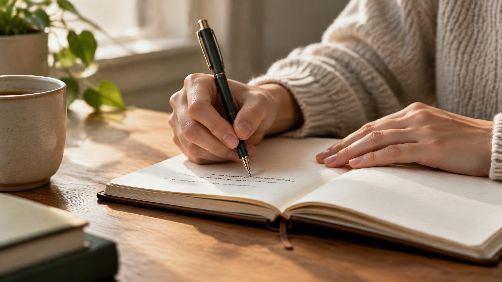 Close-up of hands writing in a journal with a pen