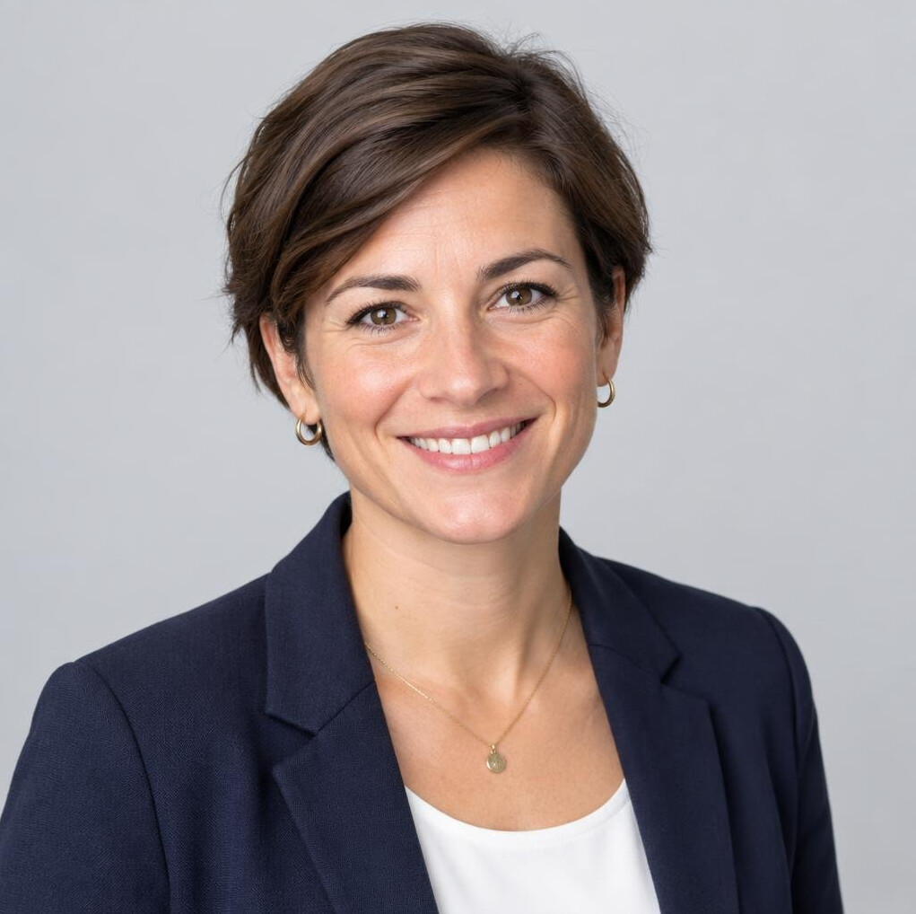 Studio portrait of a Swiss woman with short brown hair smiling