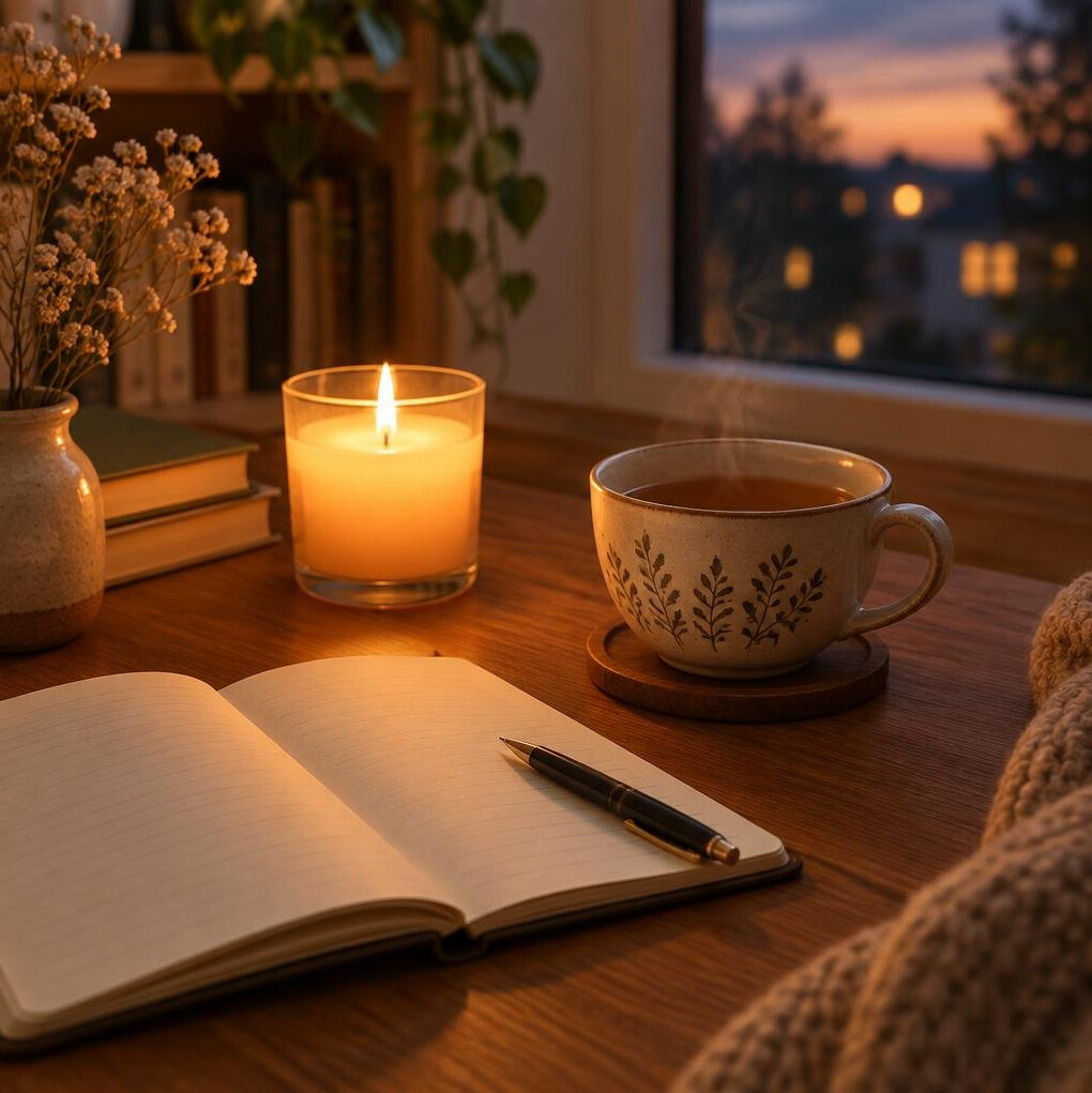 Candle and cup of tea beside an open notebook