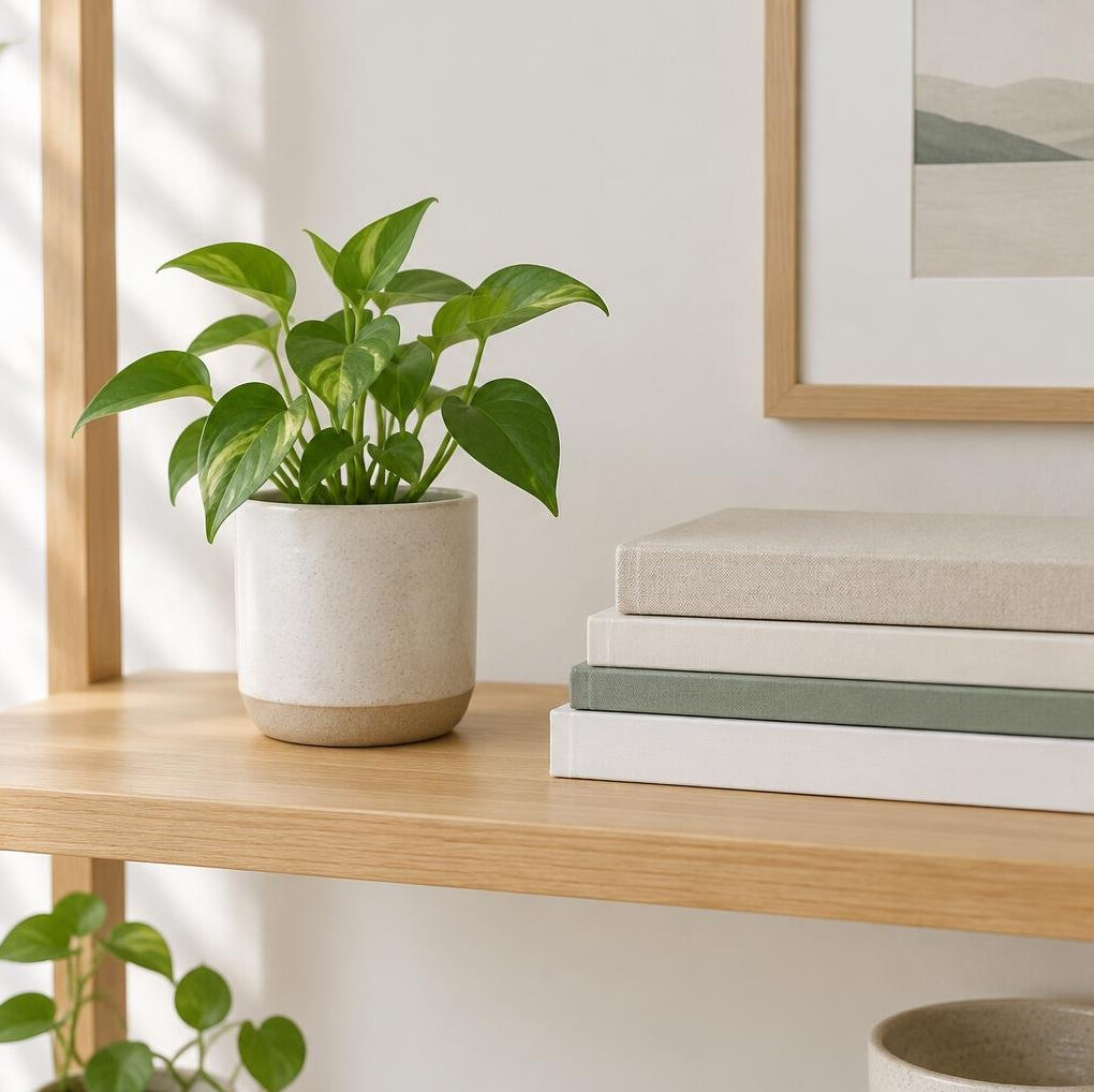 Small potted plant next to a stack of books