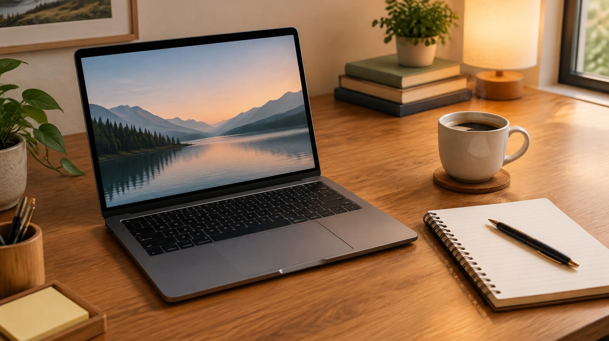 Laptop and notebook on a desk with soft lighting