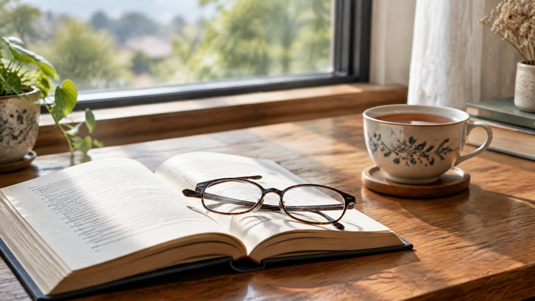 Open book and reading glasses on a table near a window