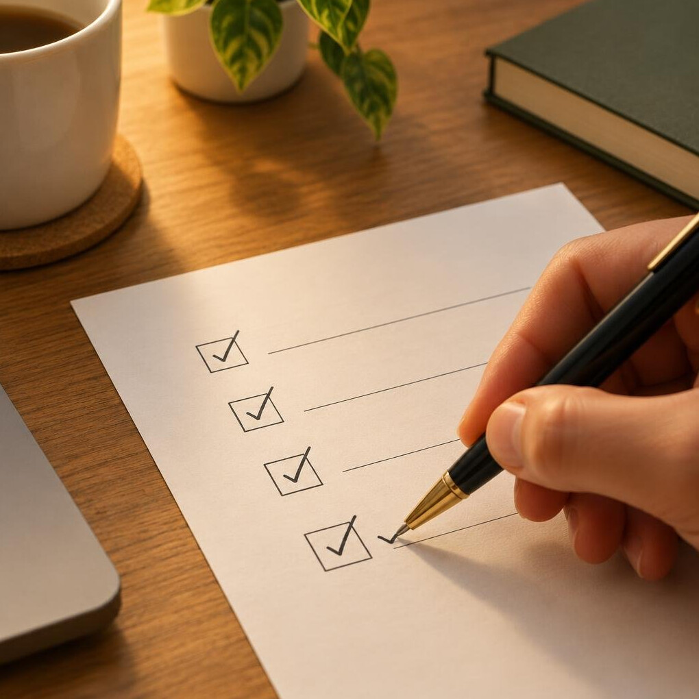 Checklist on paper with a pen marking boxes