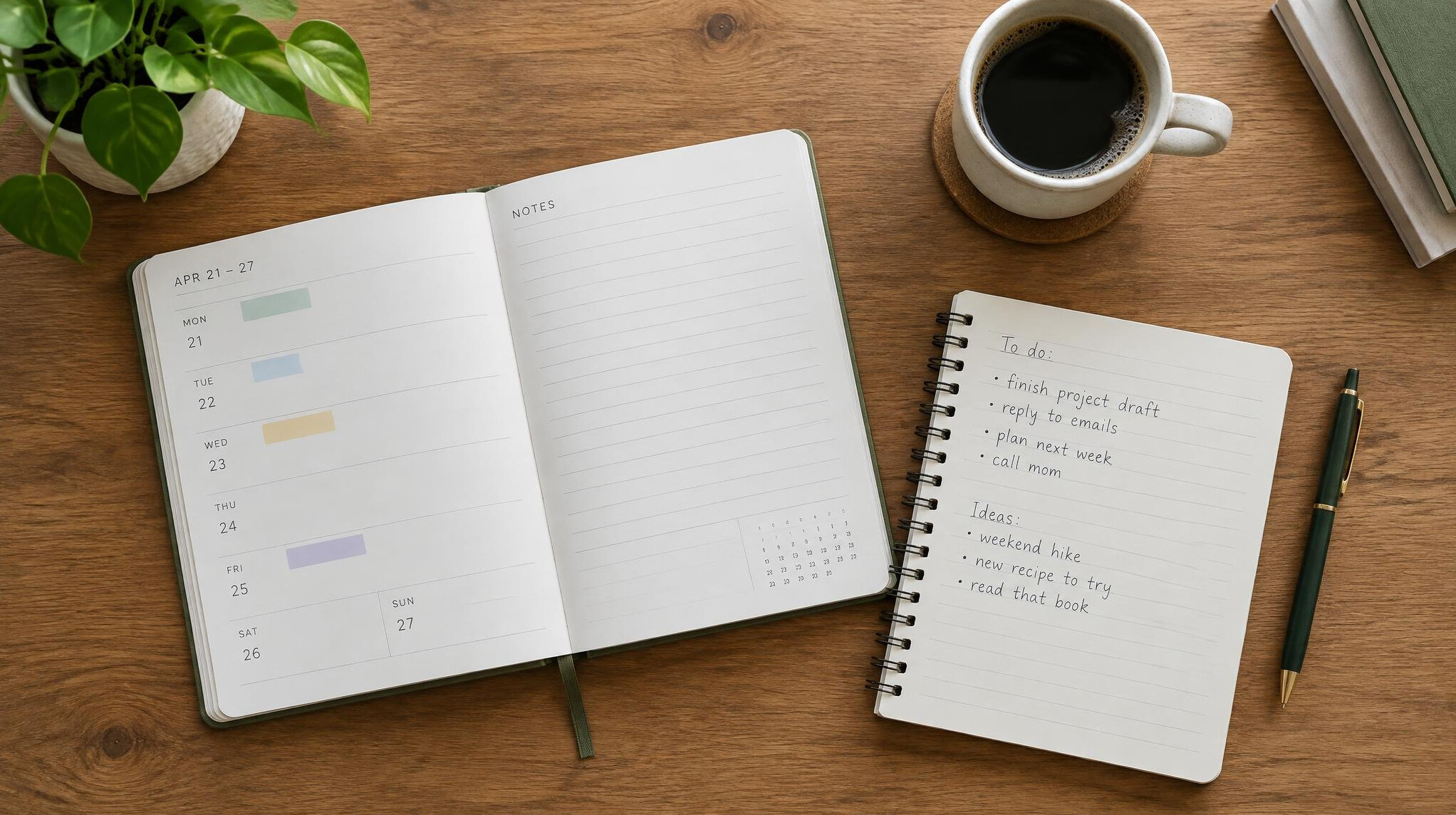Flat lay of a planner, notebook and coffee cup on a wooden desk